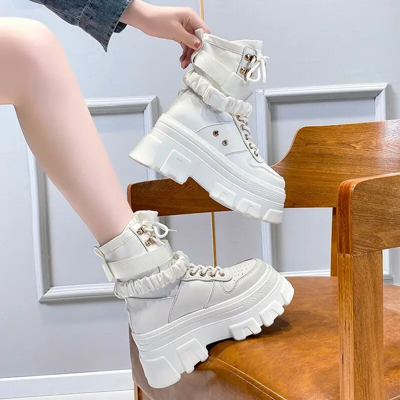 Buckle Lace-Up Chunky Wedge Ankle Boots