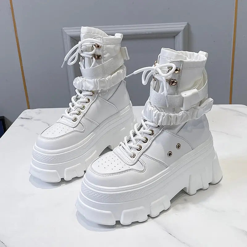 Buckle Lace-Up Chunky Wedge Ankle Boots Euro Size White / 34