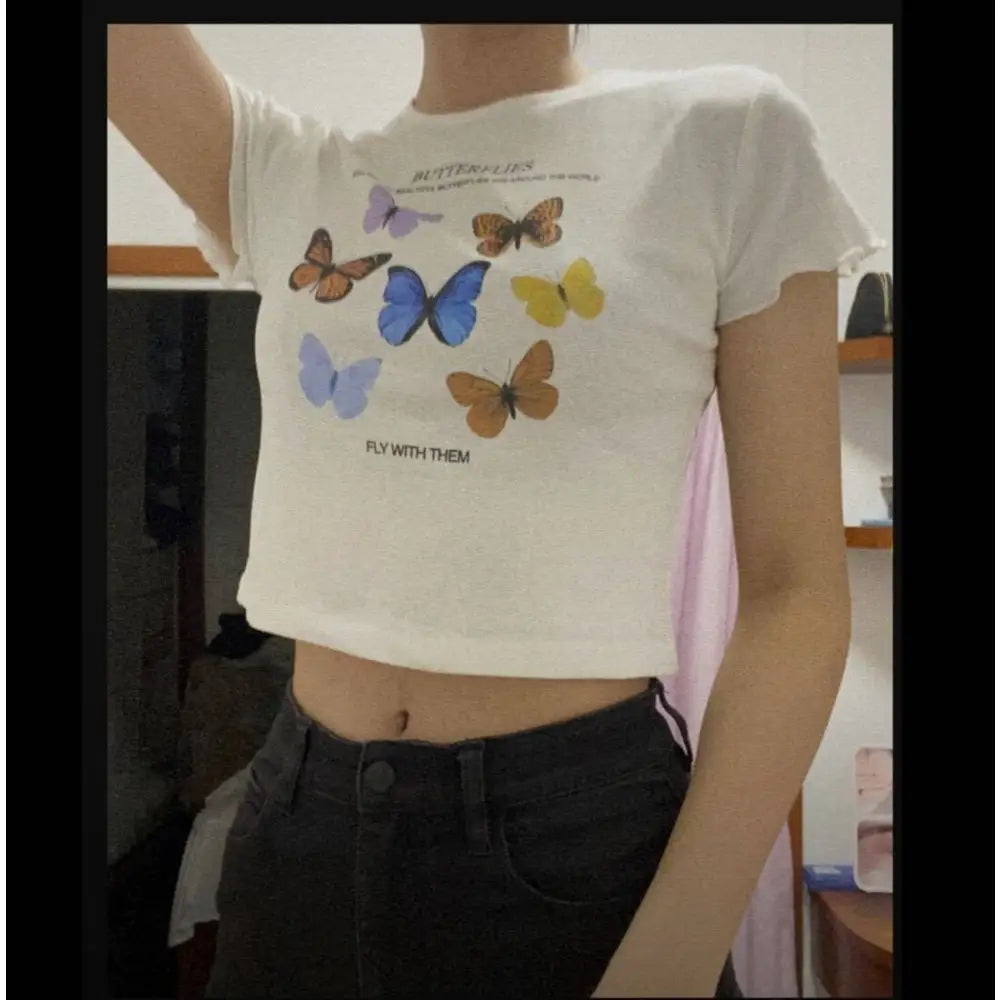 Butterflies, Fly With Them Lettuce Trim Crop Top