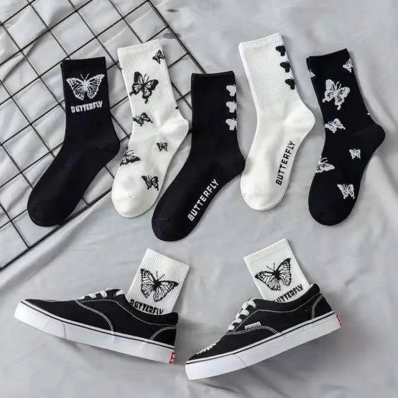 Butterfly Cotton Socks Black and White Design
