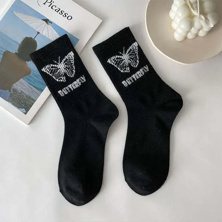 Butterfly Cotton Socks Black and White Design
