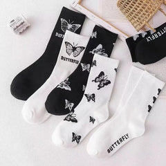 Butterfly Cotton Socks Black and White Design