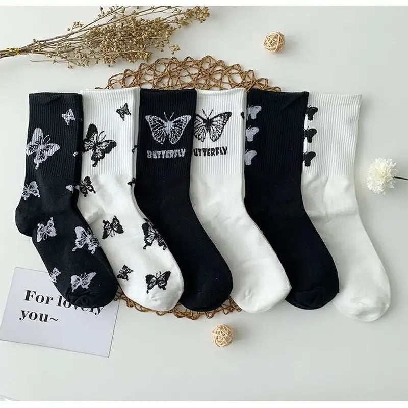Butterfly Cotton Socks Black and White Design