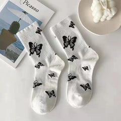 Butterfly Cotton Socks Black and White Design B / One Size