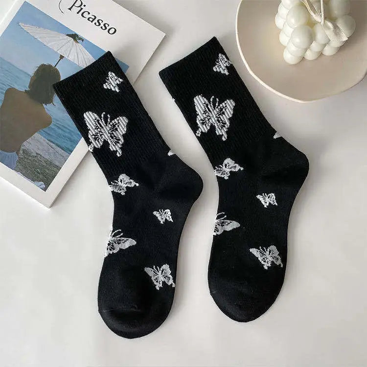 Butterfly Cotton Socks Black and White Design B / One Size