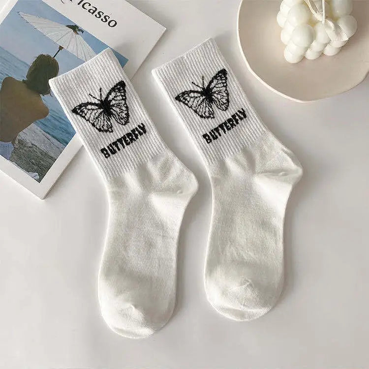 Butterfly Cotton Socks Black and White Design / One Size