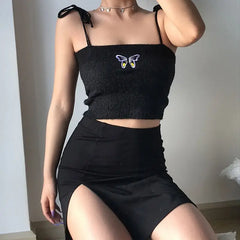 Butterfly Embroidery Slim-Fit Shoulder Crop Top - Black / M