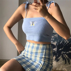 Butterfly Embroidery Slim-Fit Shoulder Crop Top Blue / M