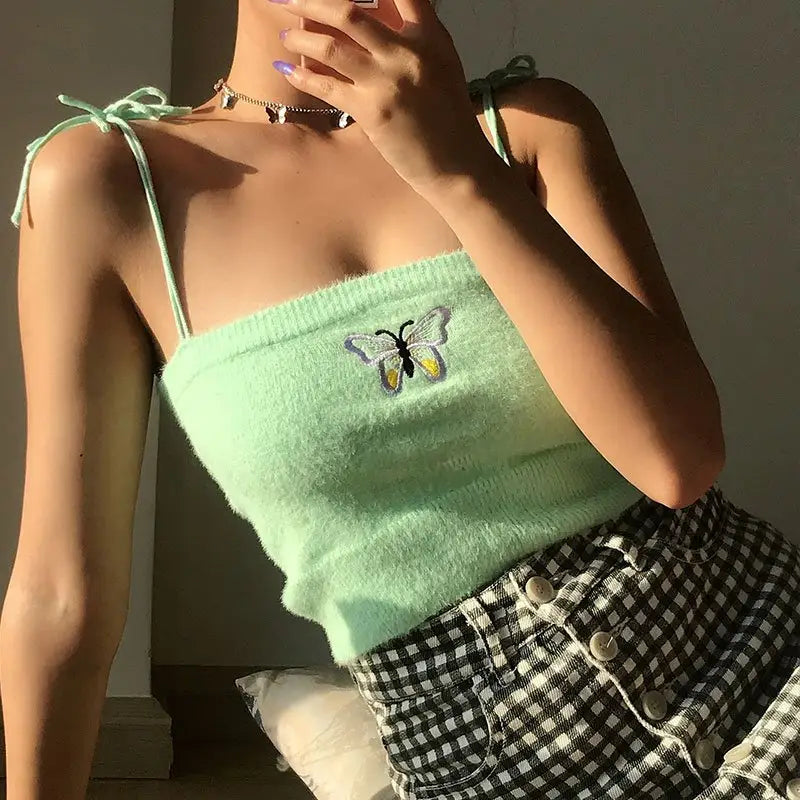Butterfly Embroidery Slim-Fit Shoulder Crop Top Green / M