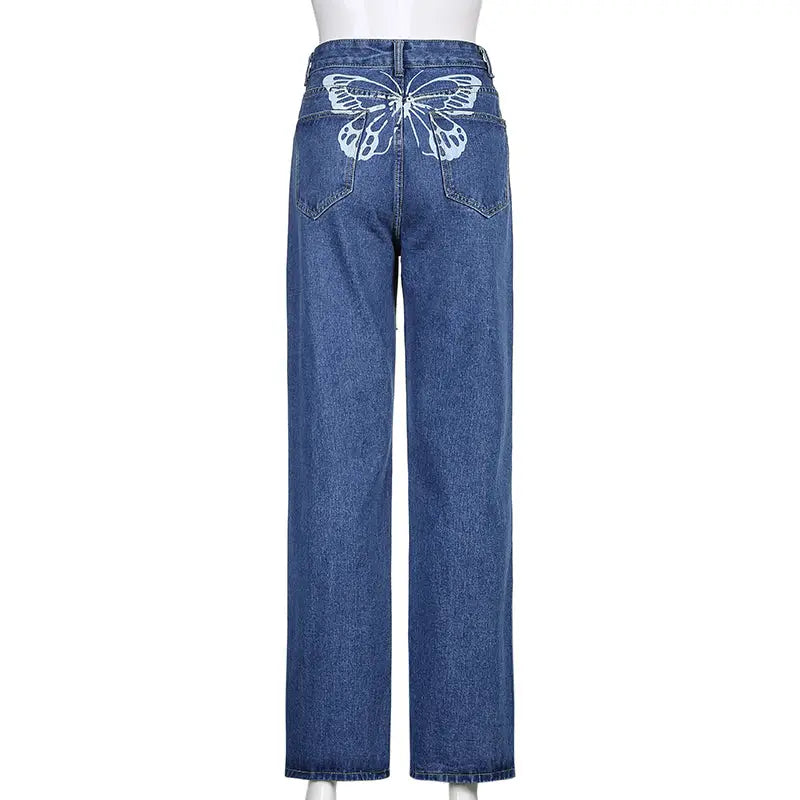 Butterfly High Waisted Denim Jeans Wide Leg Style