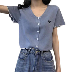Butterfly Lettuce Trim Button Up Blouse - Blue / One size