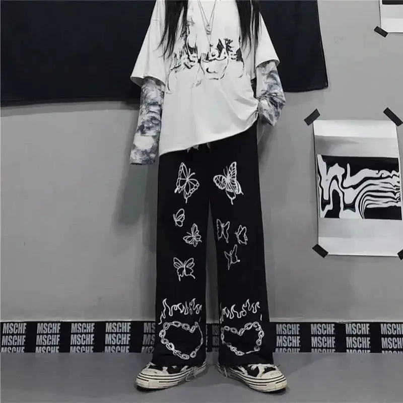 Butterfly Print Harajuku Streetwear Y2k Pants - Black / S