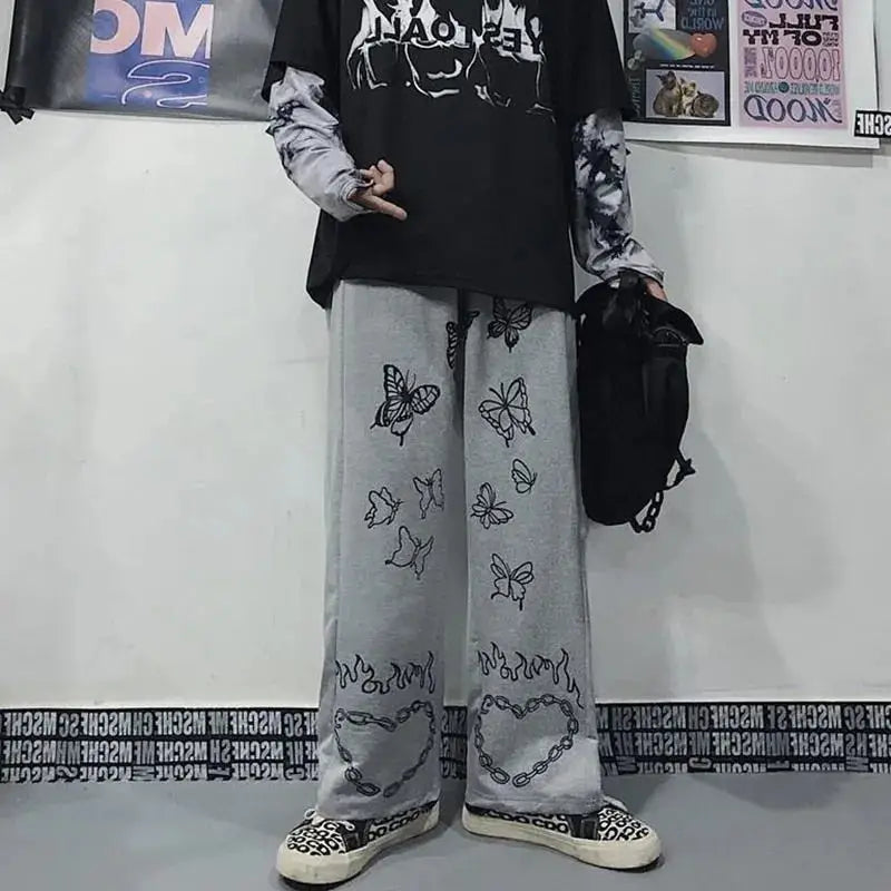 Butterfly Print Harajuku Streetwear Y2k Pants - Gray / S