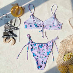 Butterfly Print Knotted Drawstring Swimsuit - Mixed Color