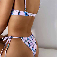Butterfly Print Knotted Drawstring Swimsuit - Mixed Color