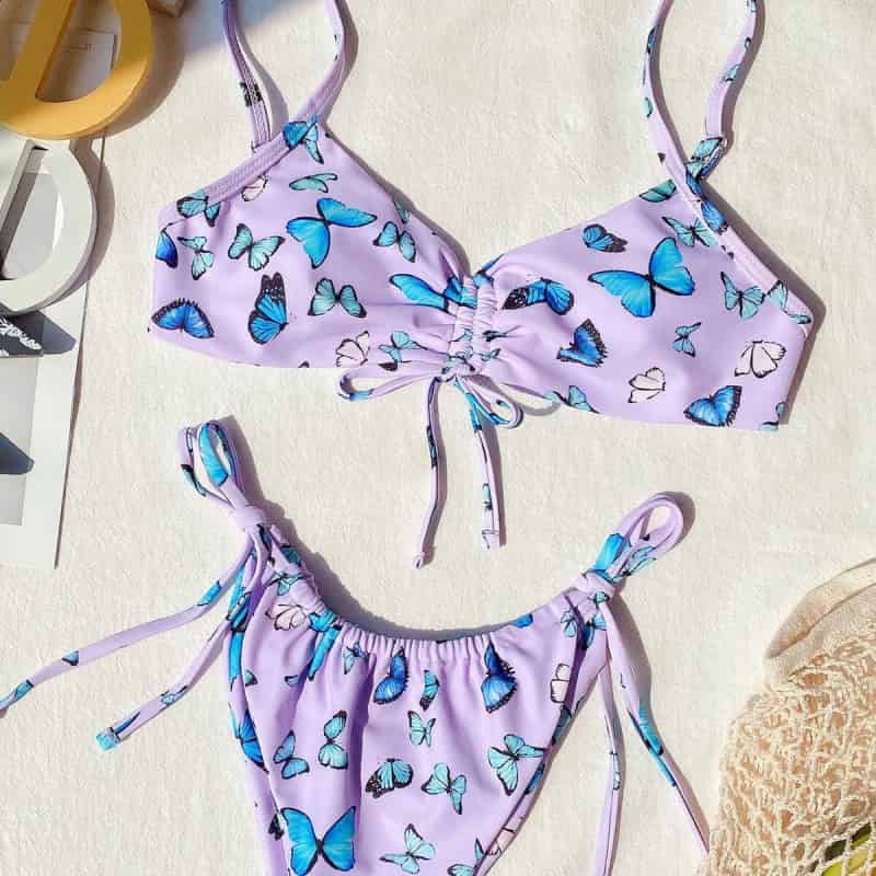 Butterfly Print Knotted Drawstring Bikini Set Mixed Color