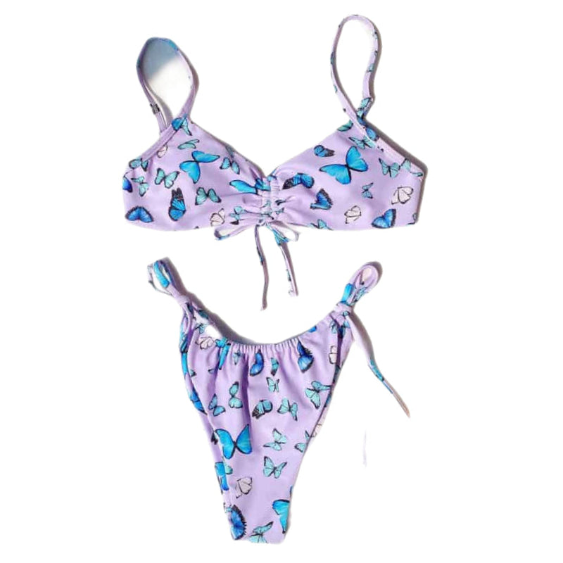 Butterfly Print Knotted Drawstring Bikini Set Mixed Color