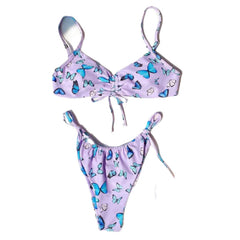 Butterfly Print Knotted Drawstring Bikini Set Mixed Color