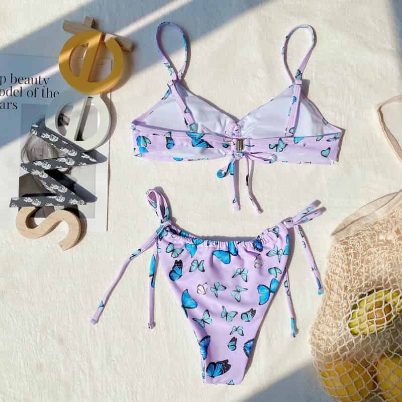 Butterfly Print Knotted Drawstring Bikini Set Mixed Color