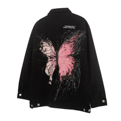 Butterfly Print Loose Denim Jacket - Black / S