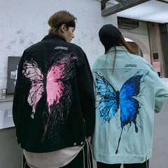 Butterfly Print Loose Denim Jacket for Women