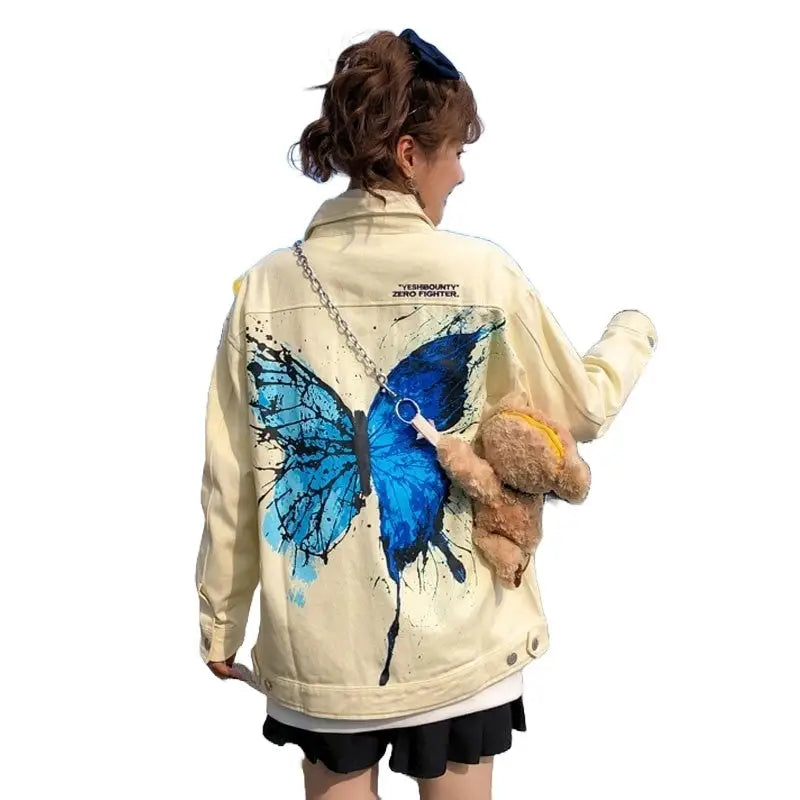 Butterfly Print Loose Denim Jacket for Women