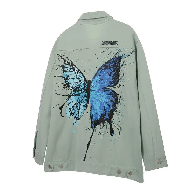 Butterfly Print Loose Denim Jacket for Women Green / S
