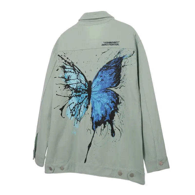 Butterfly Print Loose Denim Jacket - Green / S