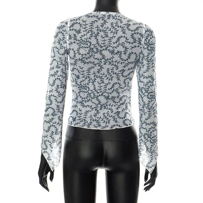 Butterfly See Through Long Sleeve Crop Top