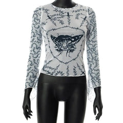 Butterfly See Through Long Sleeve Crop Top