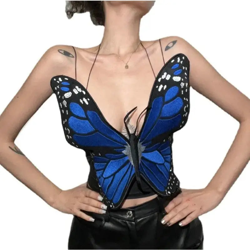 Butterfly Sleeveless Crop Corset Top Blue / S