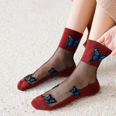 Butterfly Transparent Ankle Socks Cotton Rayon Low Tube