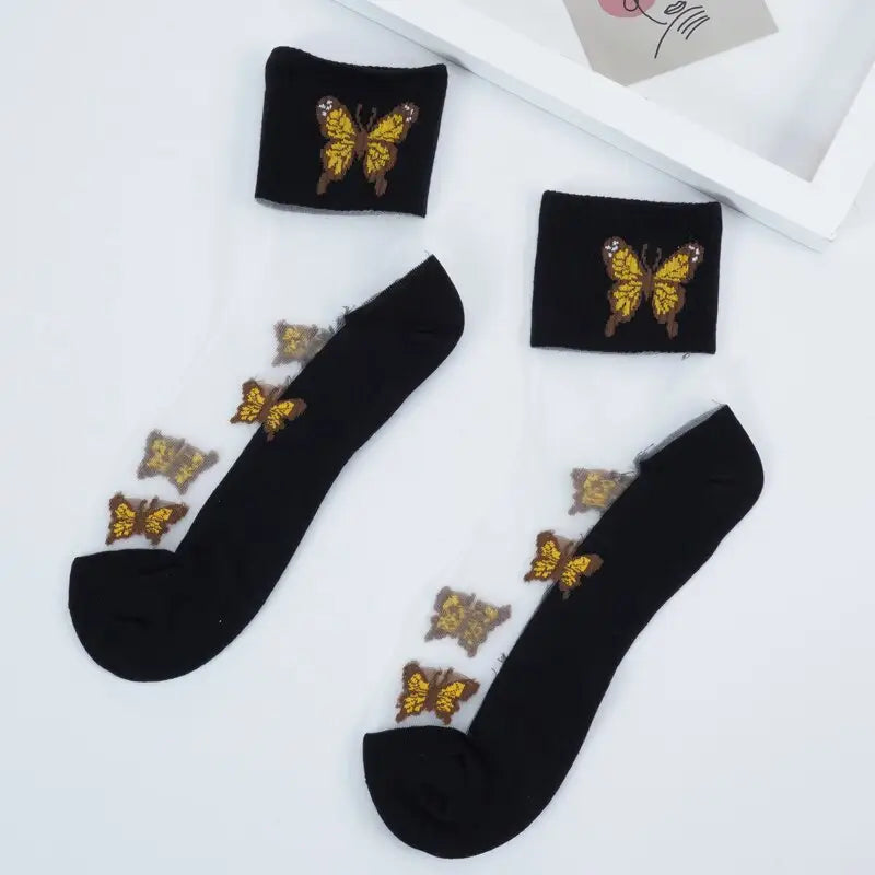 Butterfly Transparent Ankle Socks Cotton Rayon Low Tube