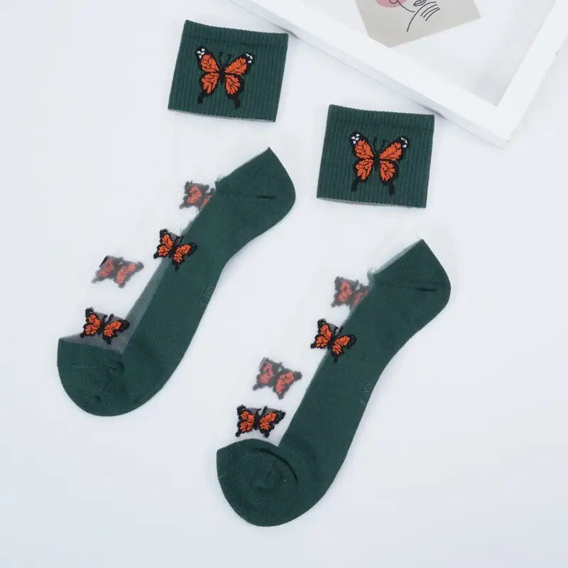 Butterfly Transparent Ankle Socks Cotton Rayon Low Tube