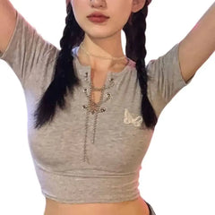 Butterfly V-neck With Chain Crop Top
