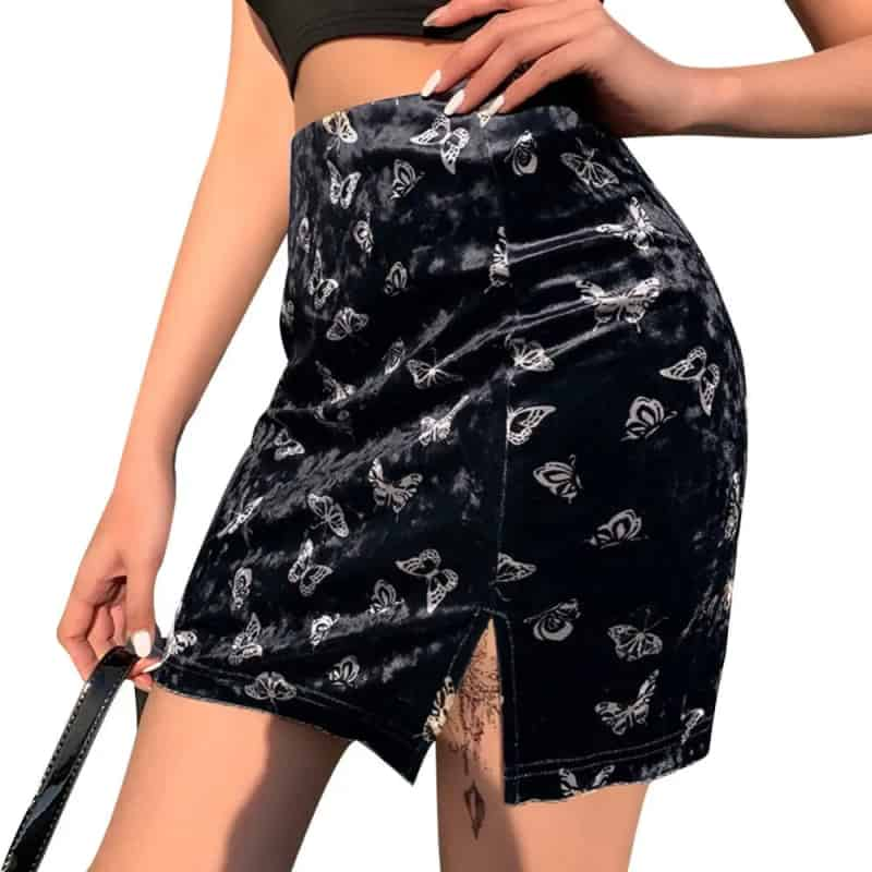 Butterfly Velvet Split A Line High Waist Mini Skirt