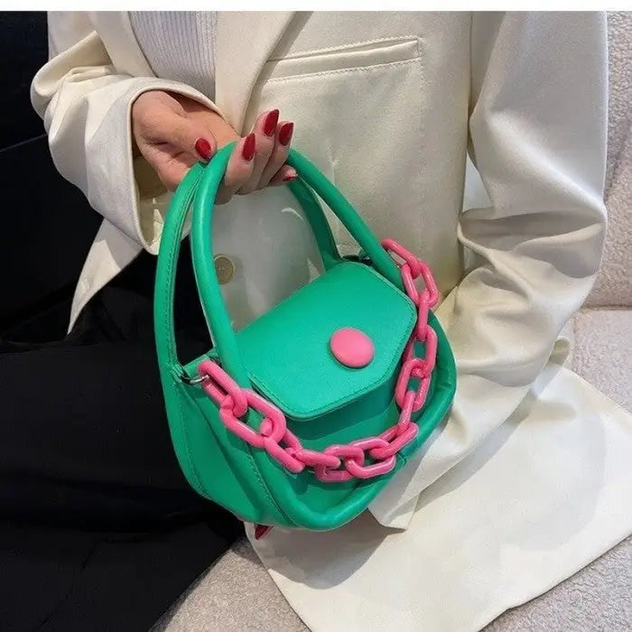 Button and Chain Contrast Color Cute Hand-bag