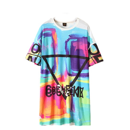 Psychedelic Colors Short Sleeve Loose Tee Dress - One size /