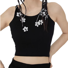 Multi-Color Beaded Strappy Flower Top - Black / One Size