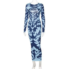 Camouflage Long-sleeve Backless Dress - Blue / S - Long