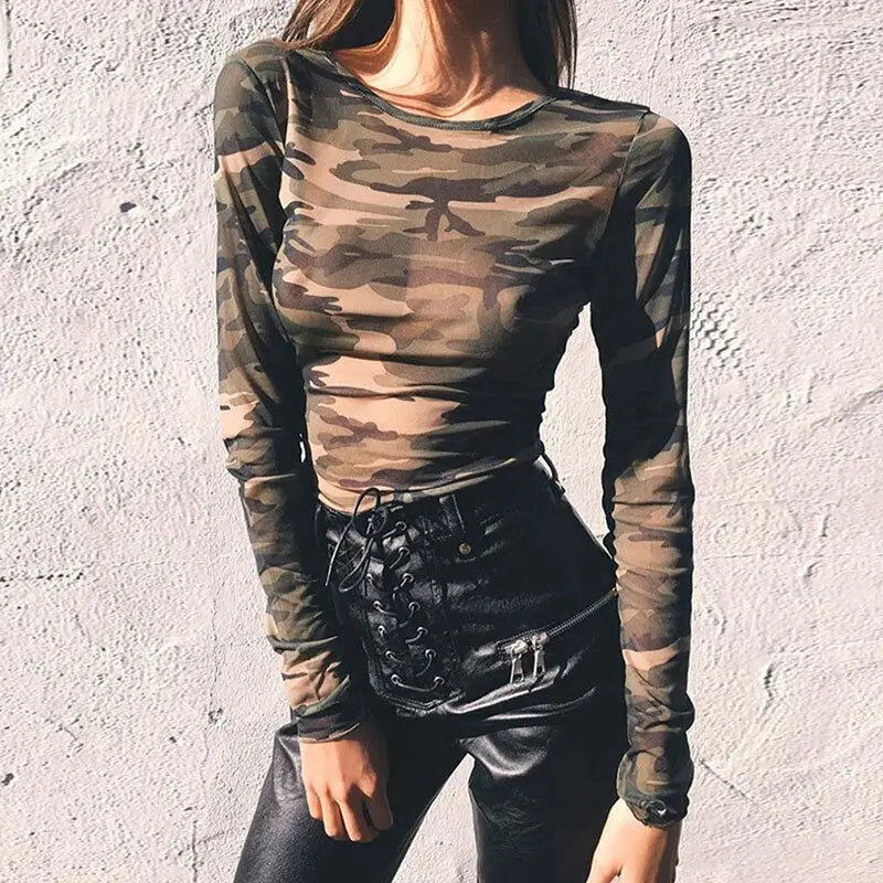 Camouflage Long Sleeve Mesh Crop Top