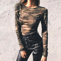 Camouflage Long Sleeve Mesh Crop Top