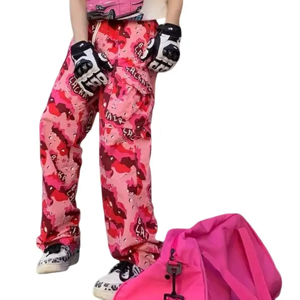 Camouflage Loose Pants Cotton Polyester Full Length 38