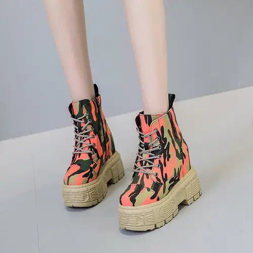 Camouflage Mixed Colors Platform Boots - Orange / 34