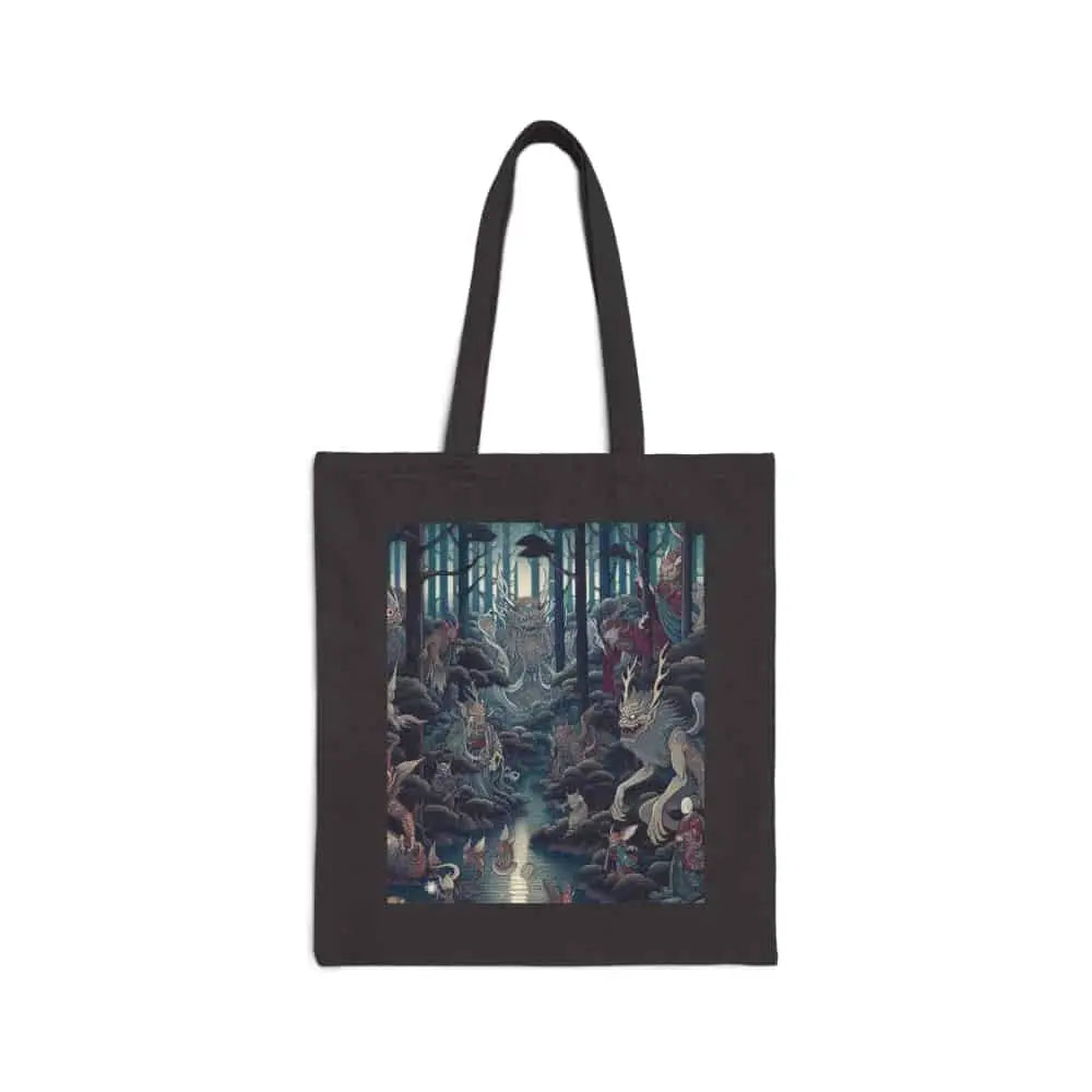 Canvas Tote Bag with Diverse Yokai Creatures Design Black