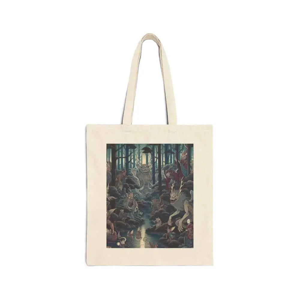 Canvas Tote Bag with Diverse Yokai Creatures Design Natural
