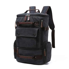 Canvas Travel Flap Pockets Rucksack Backpack - Black