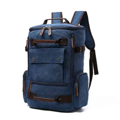 Canvas Travel Flap Pockets Rucksack Backpack - Blue