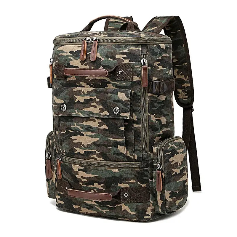 Canvas Travel Flap Pockets Rucksack Backpack - Camouflage