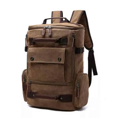 Canvas Travel Flap Pockets Rucksack Backpack - Coffee